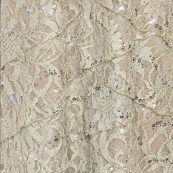 Scarlett Nite Floral Sheath Dress 8P Tan Gray Layered Lace Metallic Cap Sleeves - Picture 4 of 15